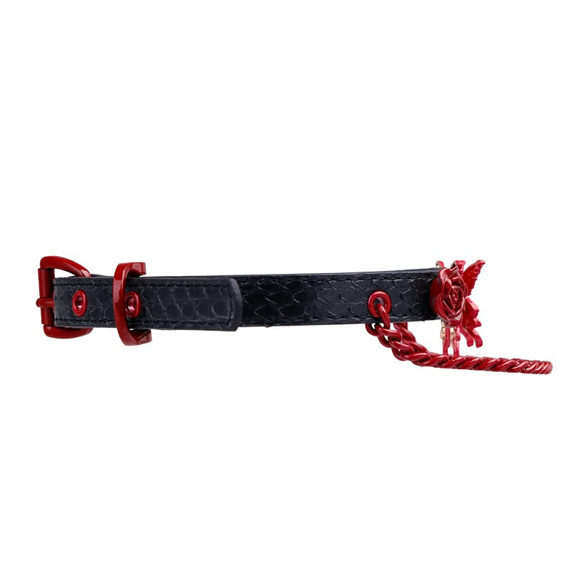 Side view of genuine leather butterfly and rose choker with red hardware