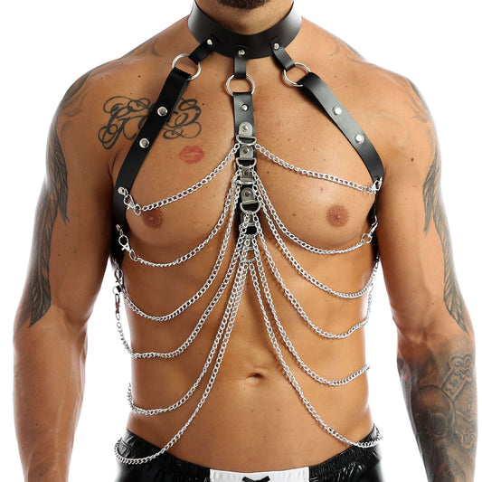 Model wearing faux leather chain harness with layered metal chain details