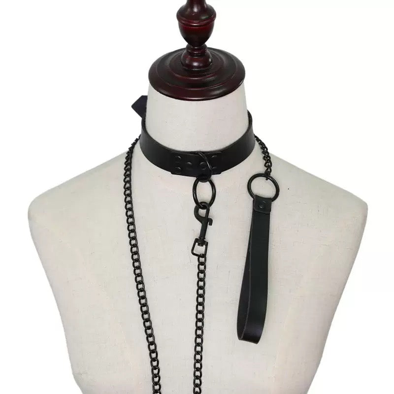 front view of black faux leather chocker