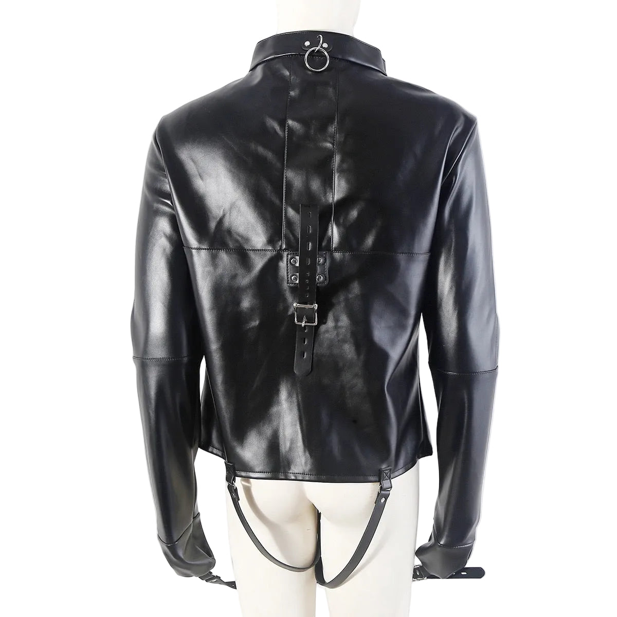 Back view of faux leather convertible performance jacket on mannequin
