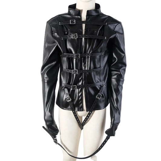 Front view of faux leather convertible performance jacket on mannequin