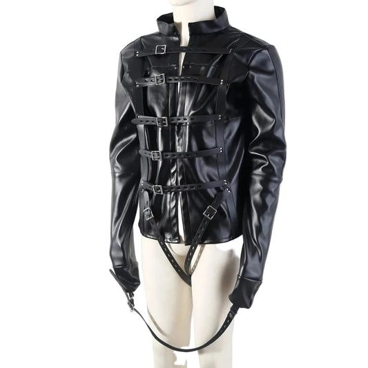 Side view of faux leather convertible performance jacket on mannequin