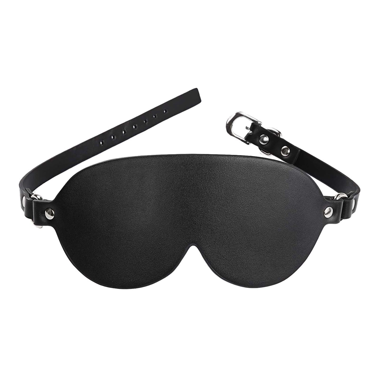 Front product view of black faux leather eye mask