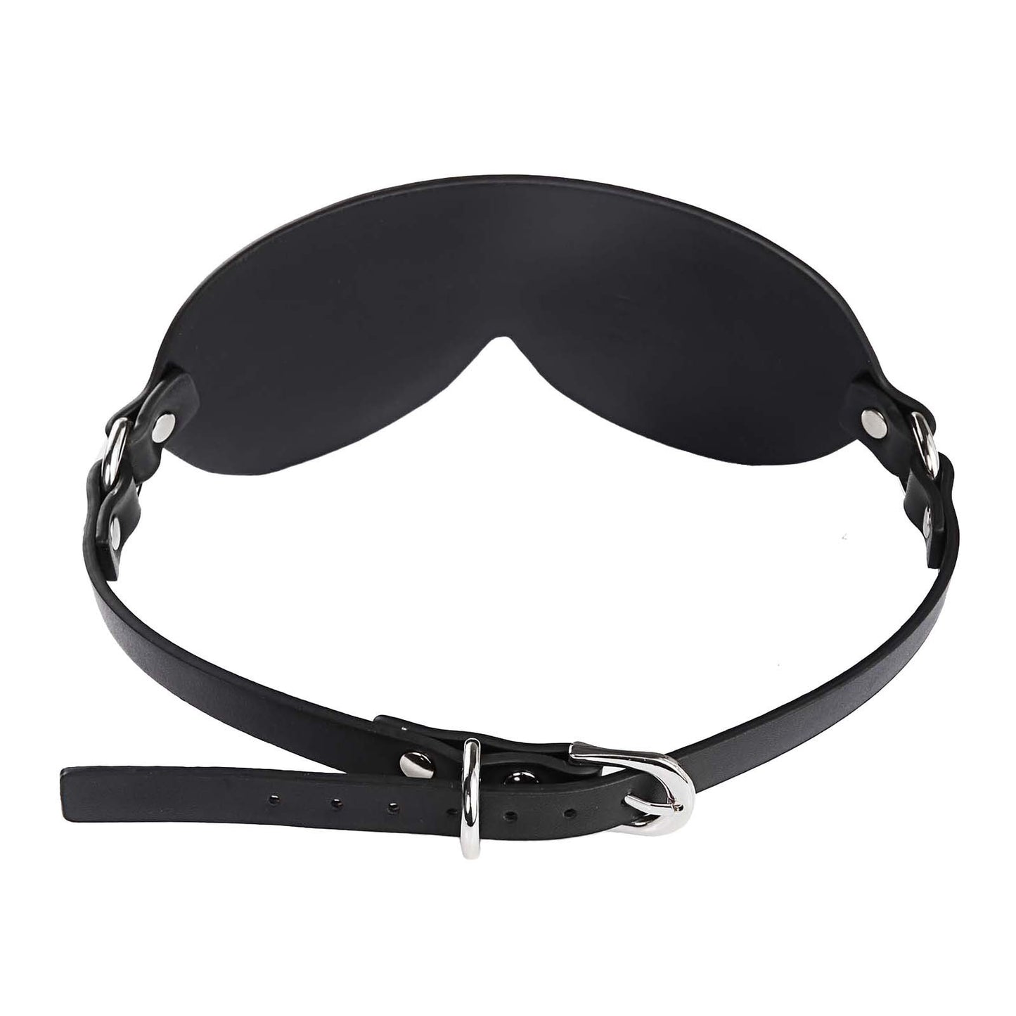Top view of faux leather eye mask with adjustable strap