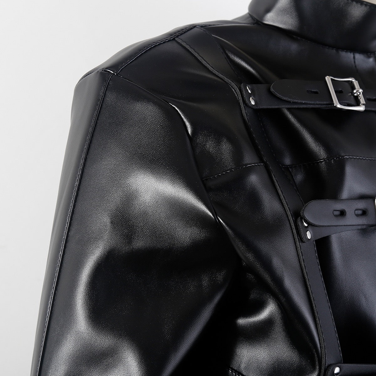 Close-up detail of shoulder construction on faux leather performance jacket