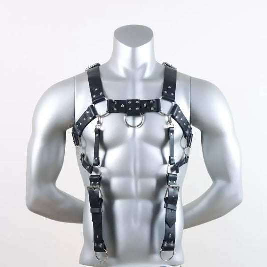 Black faux leather spike detail harness suspender displayed on a torso mannequin front view