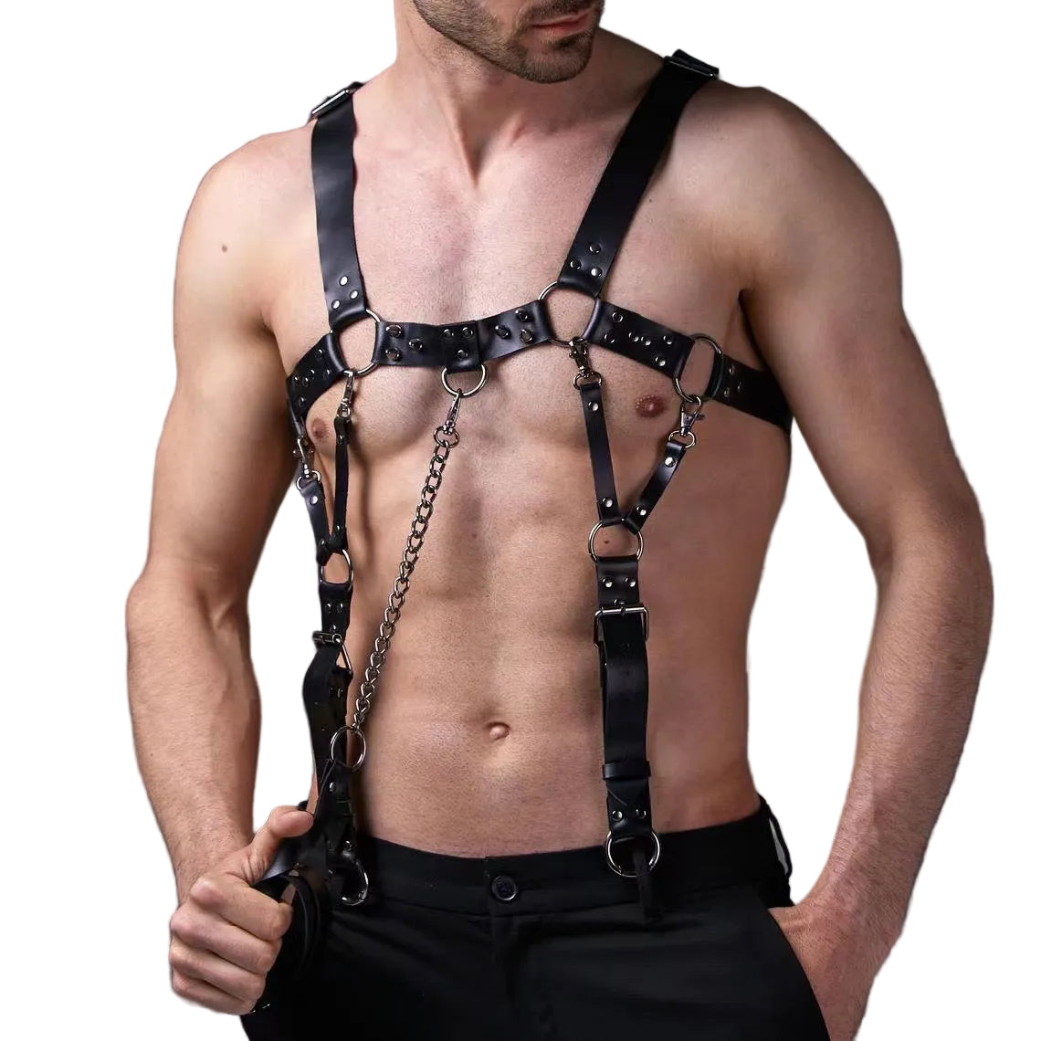 front view of spike detail harness suspender on model