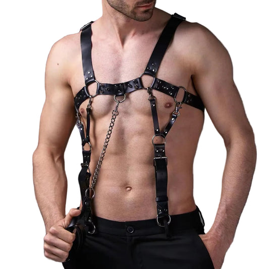 front view of spike detail harness suspender on model