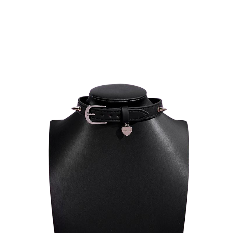 Genuine leather heart charm spike choker displayed on mannequin