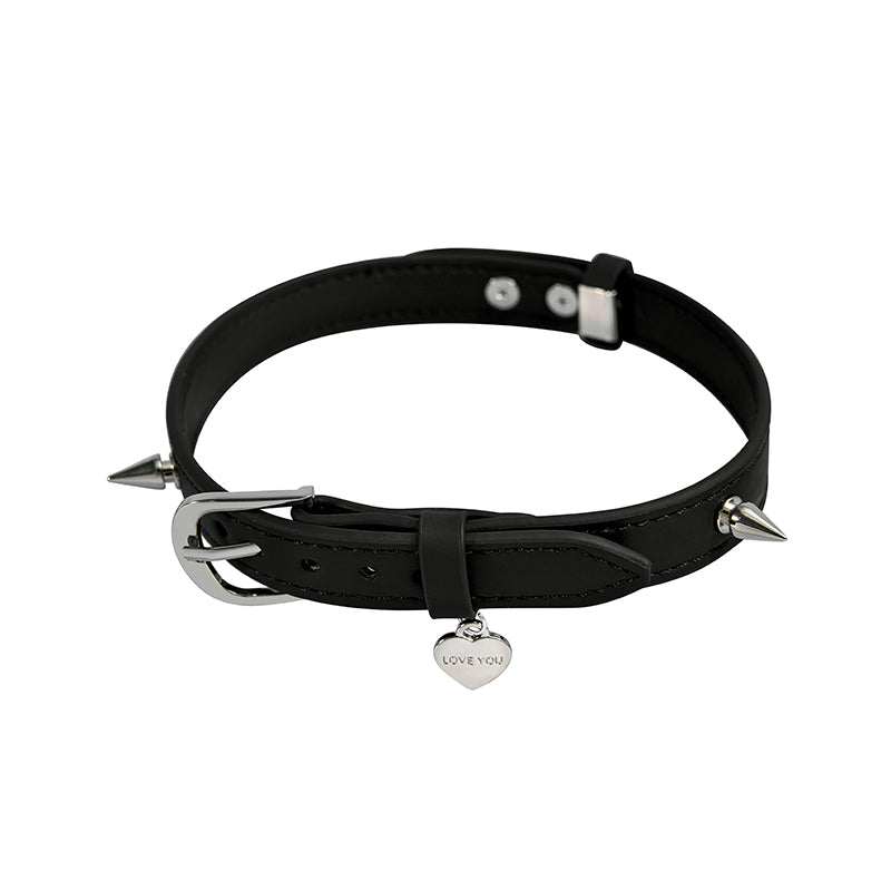 Genuine leather spike choker with heart charm and stainless steel hardware
