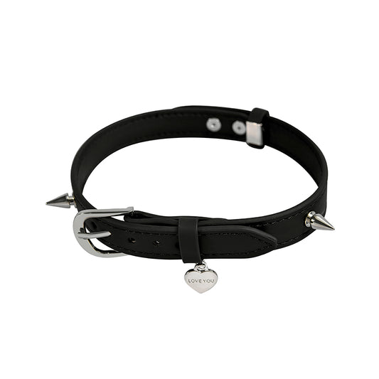 Genuine leather spike choker with heart charm and stainless steel hardware