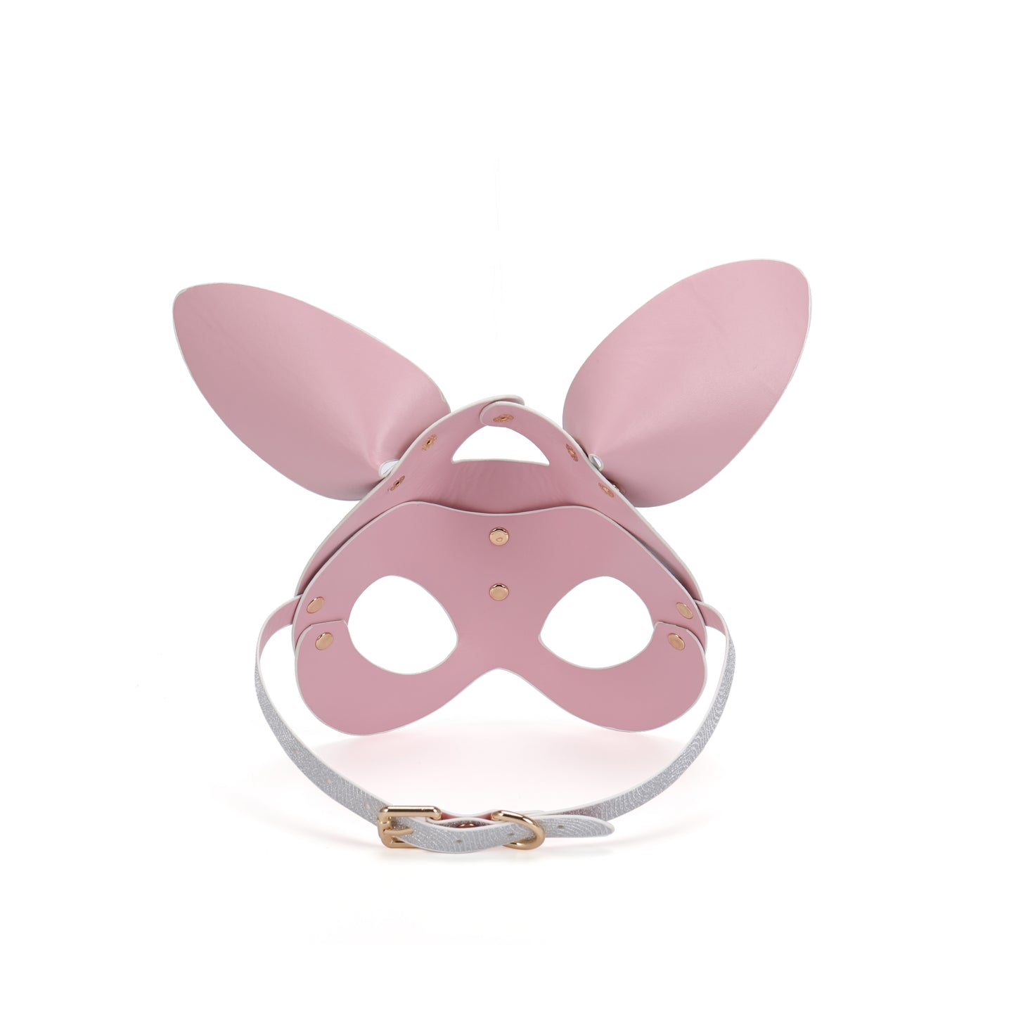 Back interior view of glitter studded bunny mask showing faux leather lining