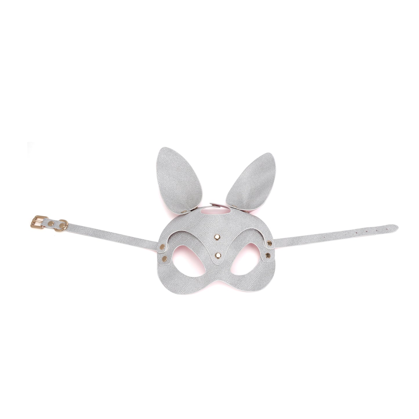 Flat view of glitter studded bunny mask showing full construction