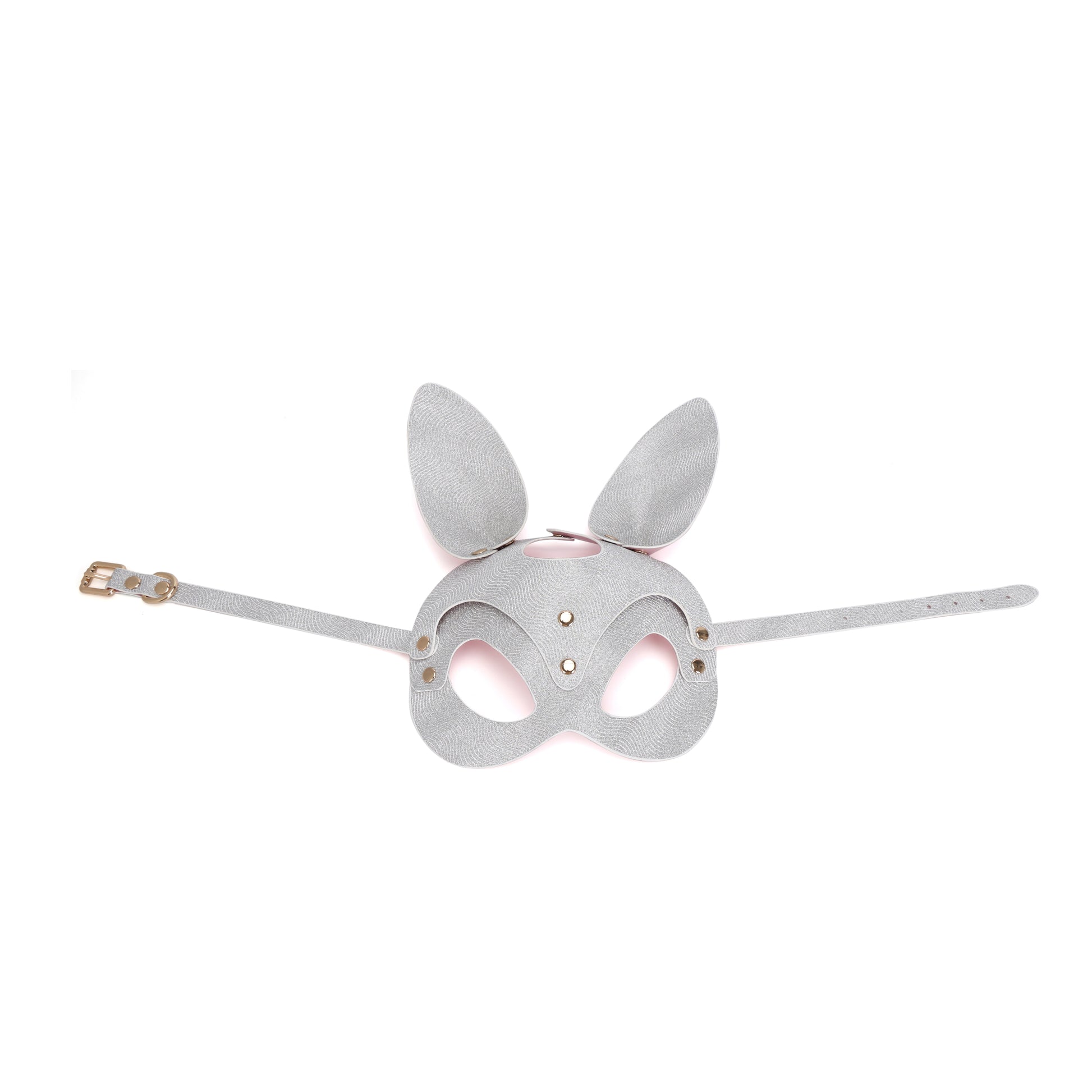 Flat view of glitter studded bunny mask showing full construction