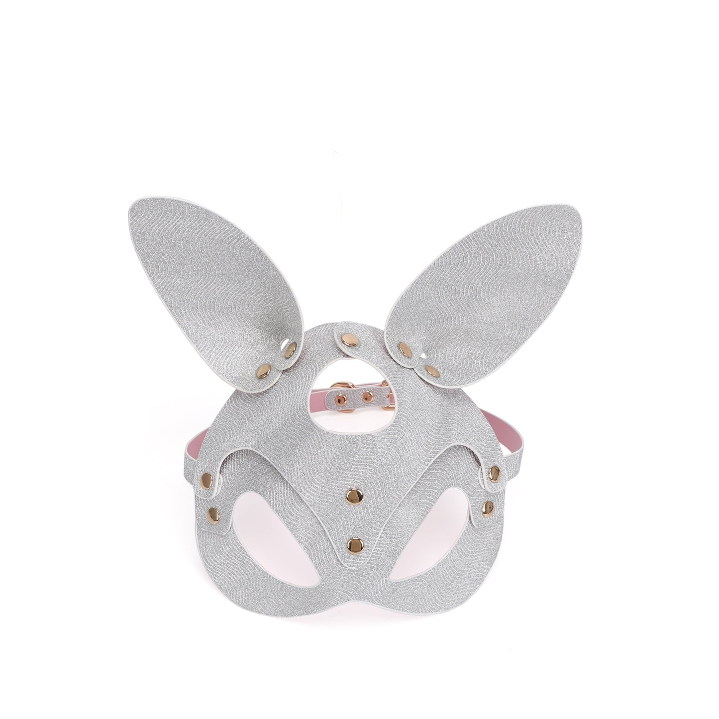Front view of silver glitter studded bunny mask