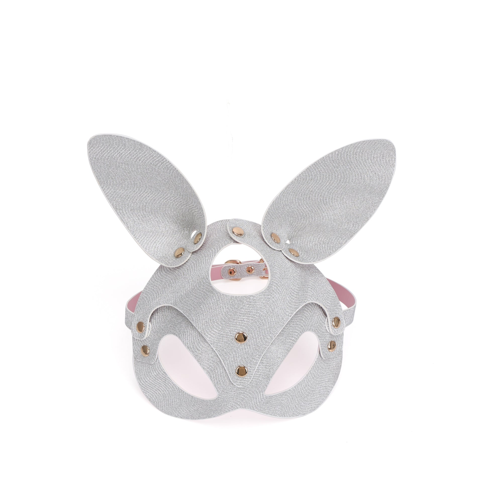 Front view of silver glitter studded bunny mask