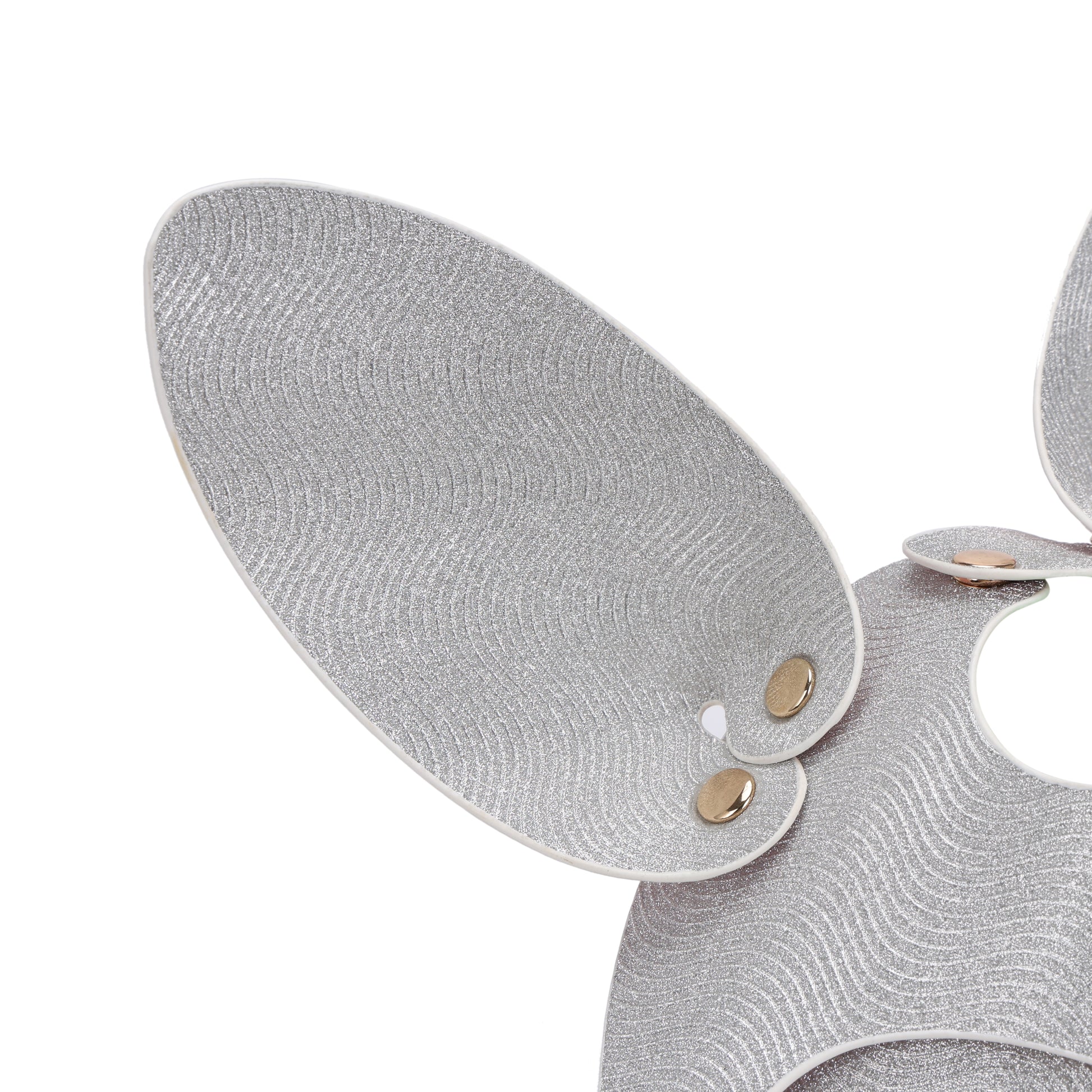 Close-up detail of silver glitter finish on bunny mask