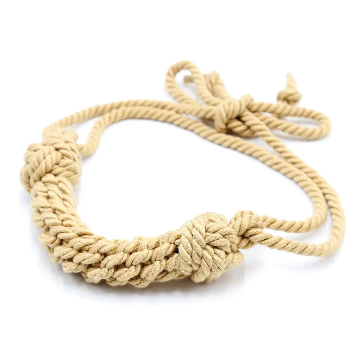 Left side view of woven hemp rope accessory