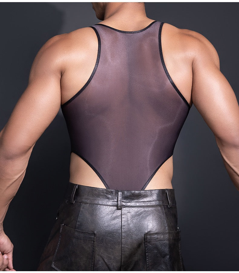 Back view of black men’s chain strap thong bodysuit