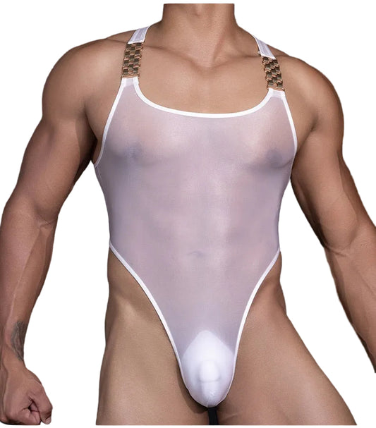 Front view of white men’s chain strap thong bodysuit worn by model