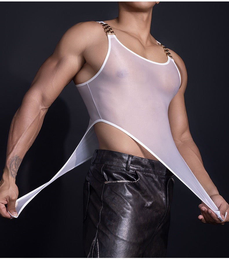 Men’s chain strap bodysuit white showing stretch fabric flexibility
