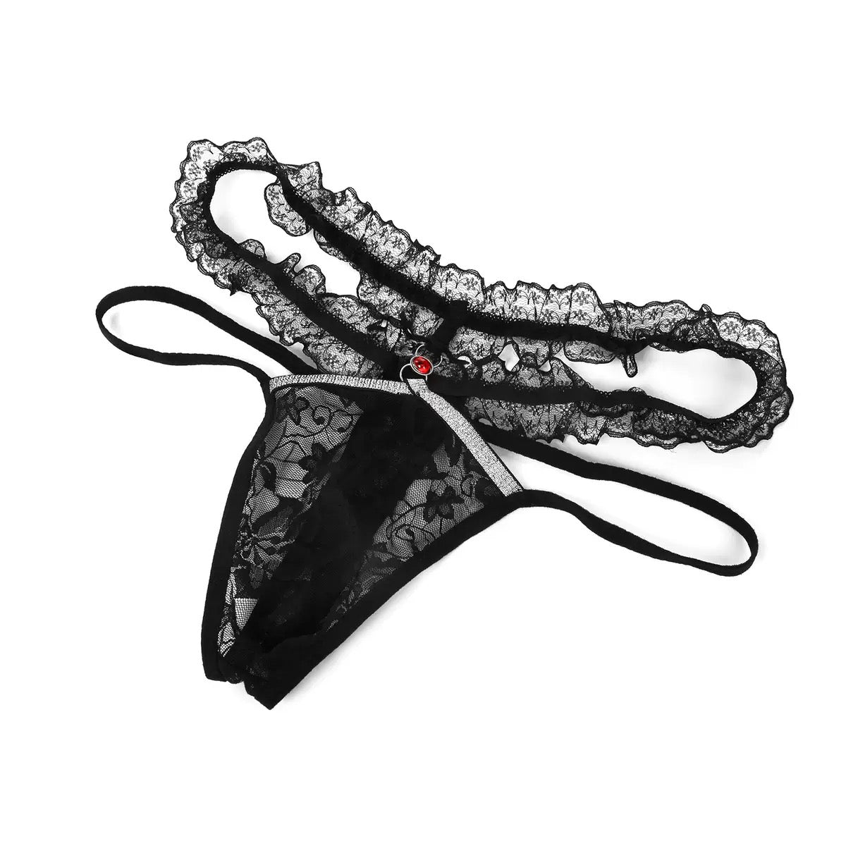 Black men’s double strap lace thong with layered waistband detail