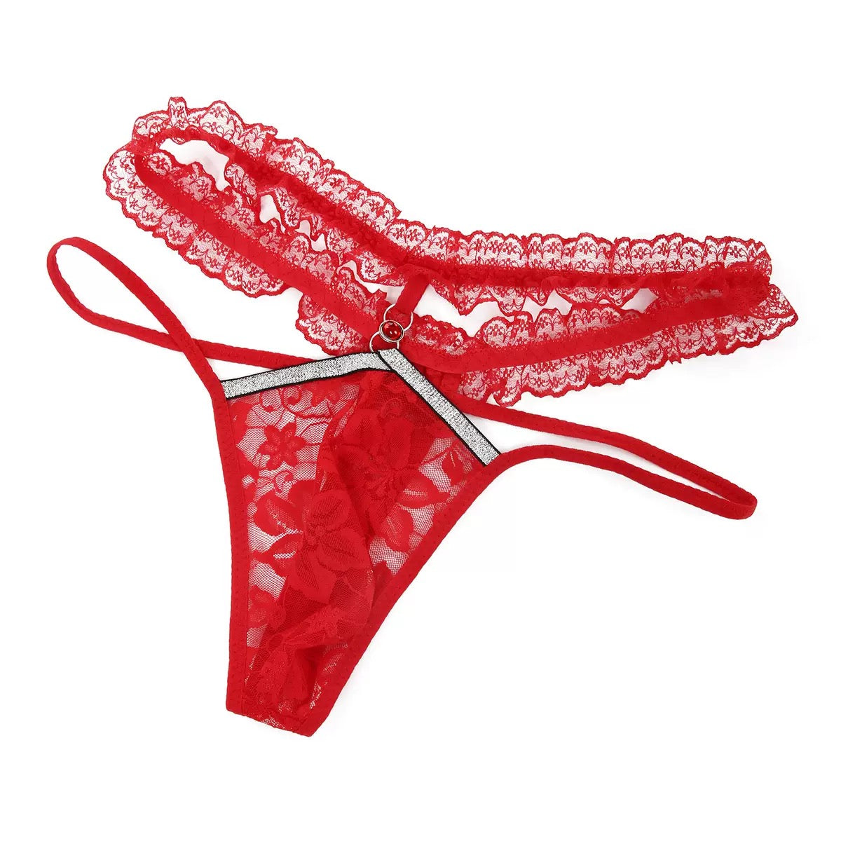 Red men’s double strap lace thong with layered waistband detail