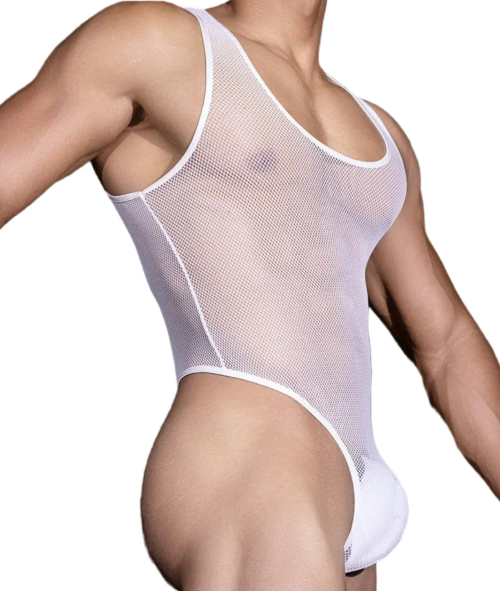 Side profile of white men’s fishnet mesh bodysuit