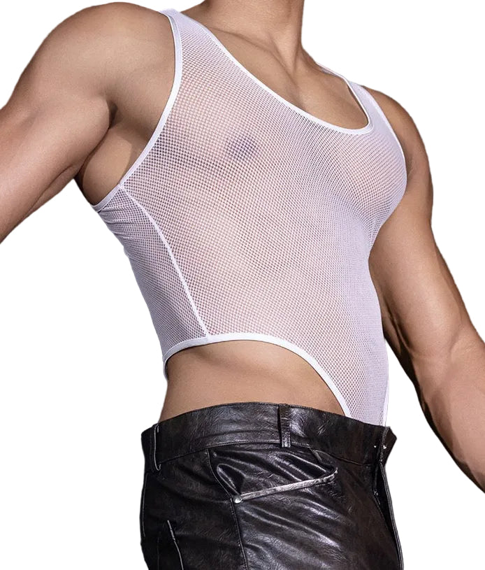 Side profile of white men’s fishnet mesh bodysuit on model with full styling
