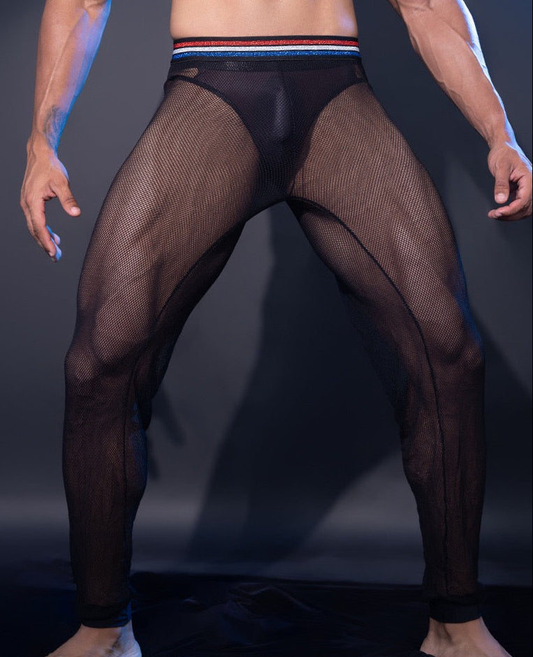 Front profile of men’s fishnet mesh pants