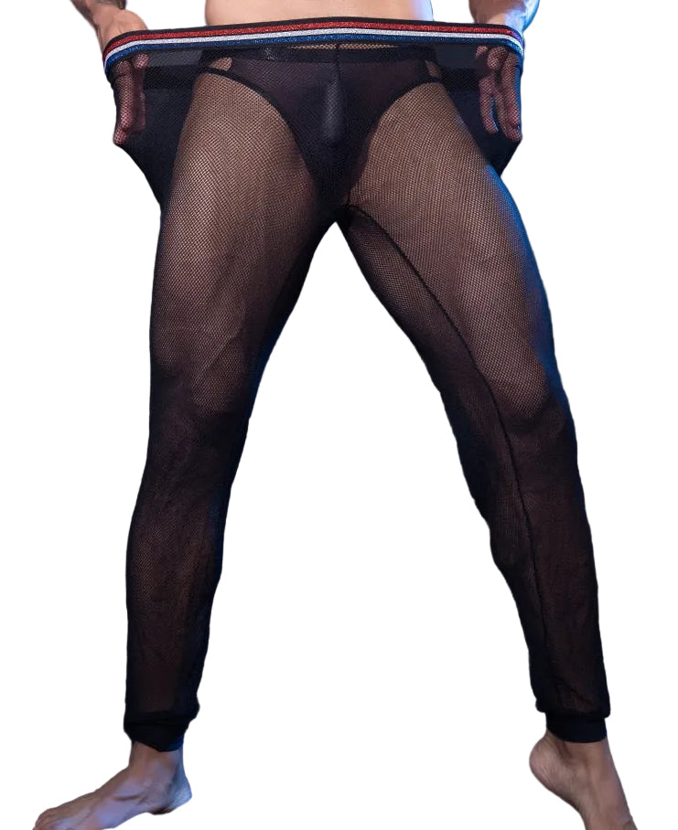 Front view of glitter waistband detail on men’s fishnet mesh pants