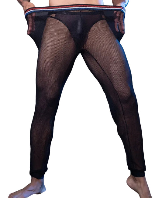 Front view of glitter waistband detail on men’s fishnet mesh pants
