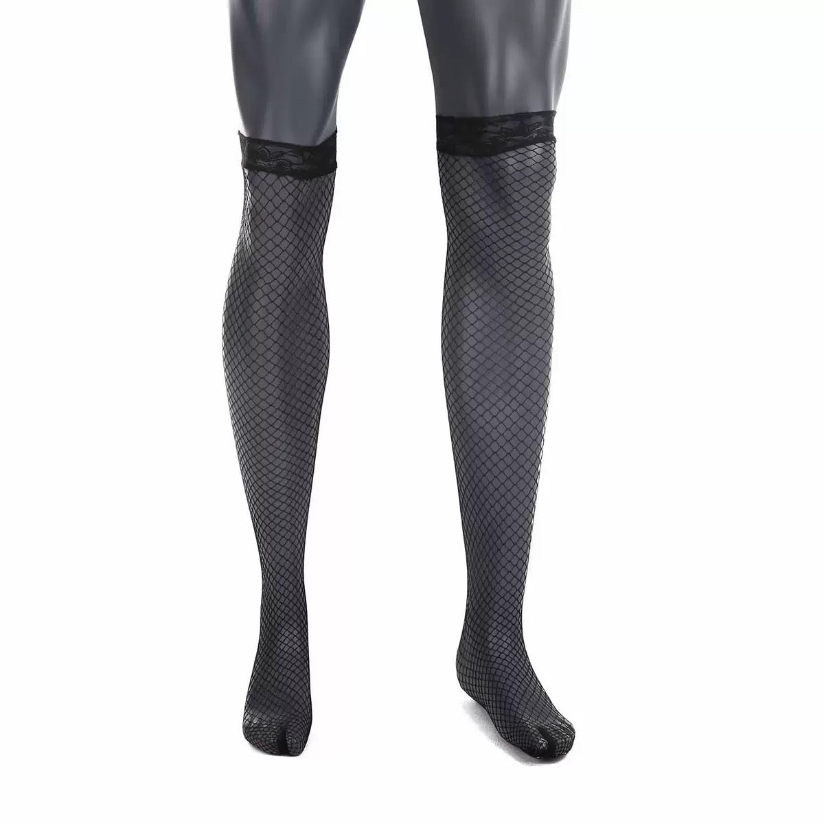 Black fishnet thigh high stockings on mannequin 