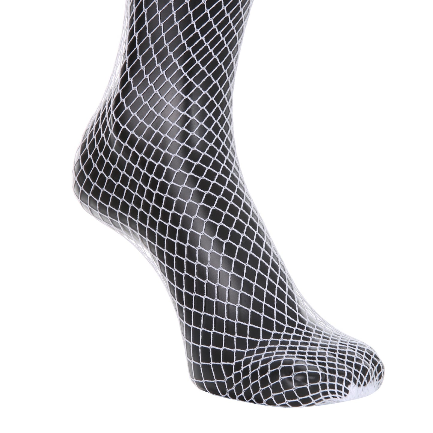 Close-up of detail on white fishnet thigh high stockings