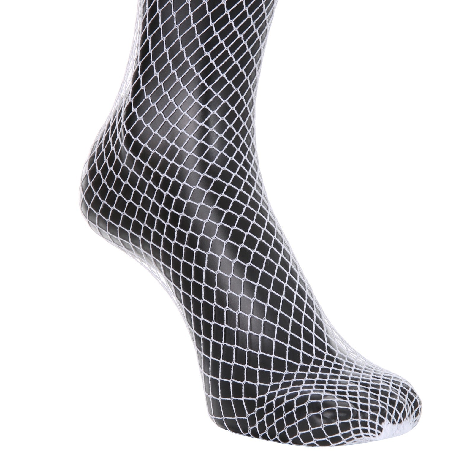 Close-up of detail on white fishnet thigh high stockings
