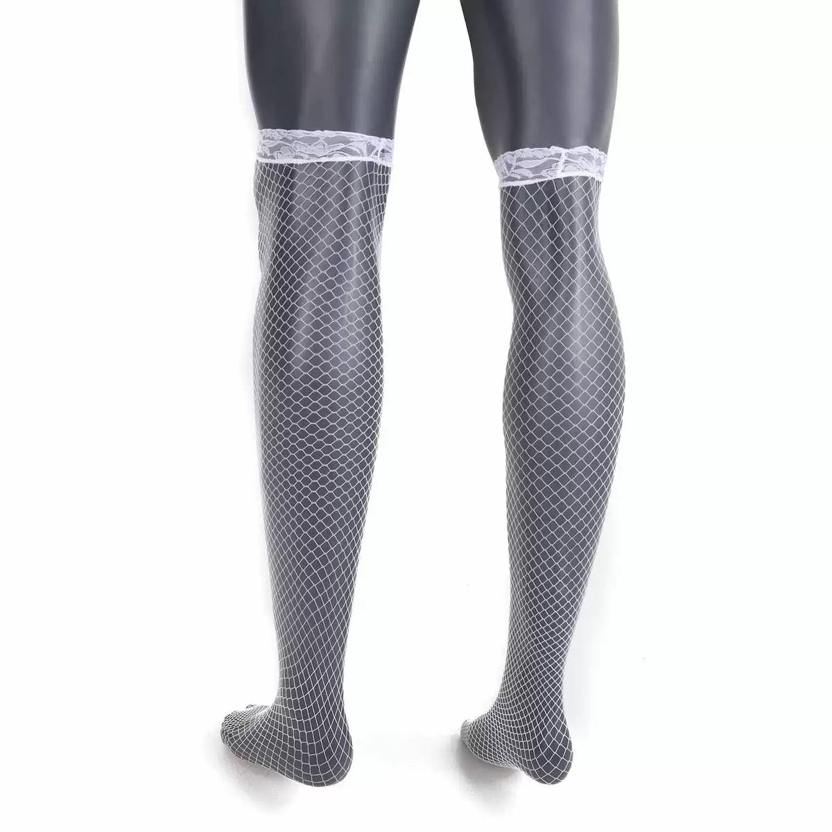 White fishnet thigh high stockings with lace trim
