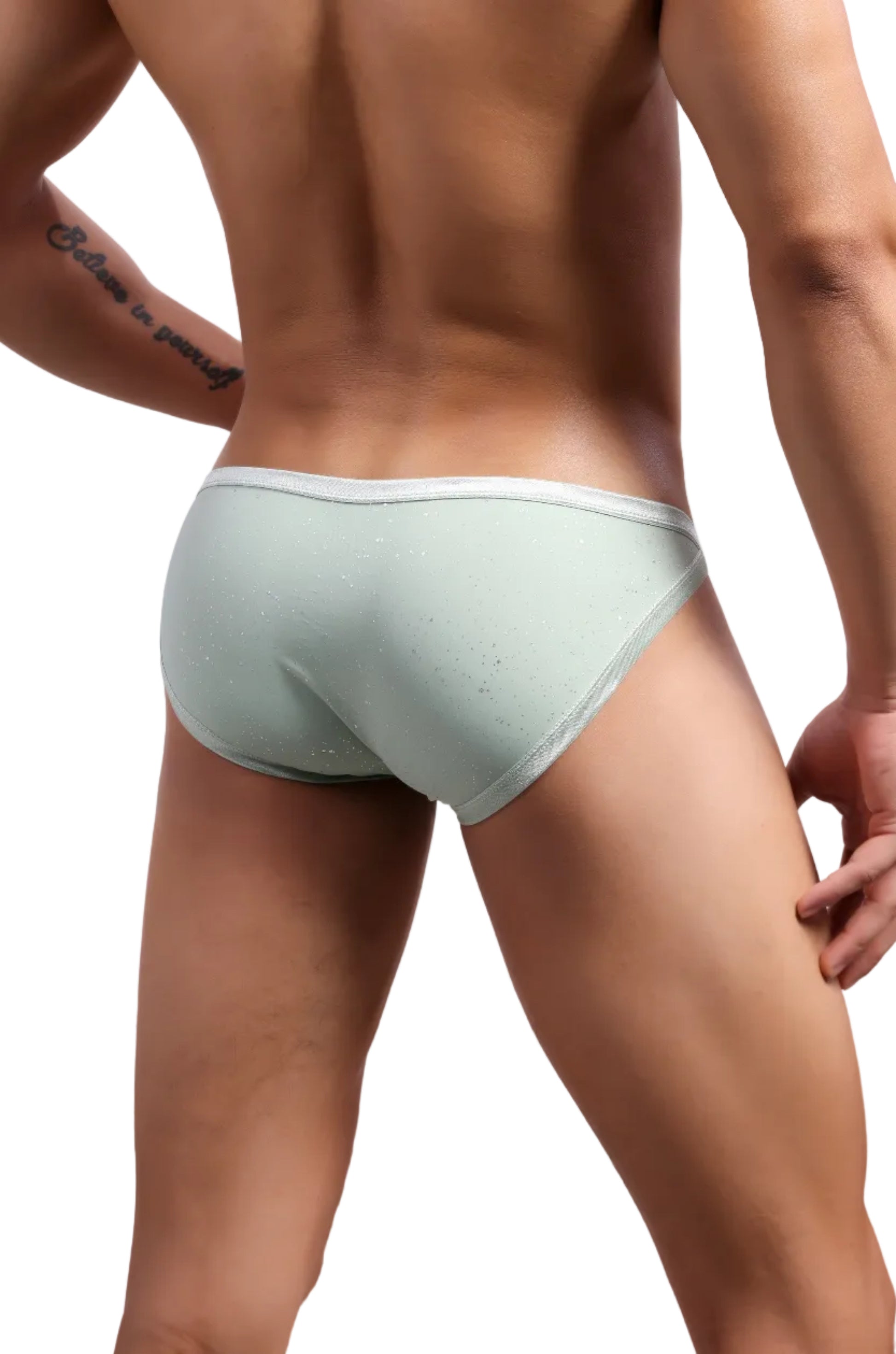 Back view of green men’s galaxy print brief