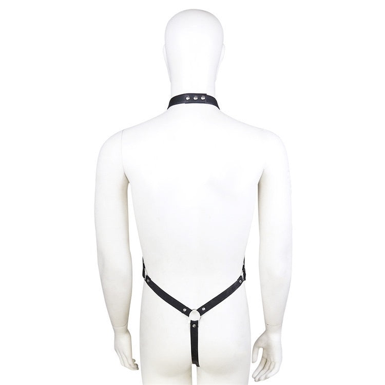 Back view of men’s halter harness thong displayed on mannequin