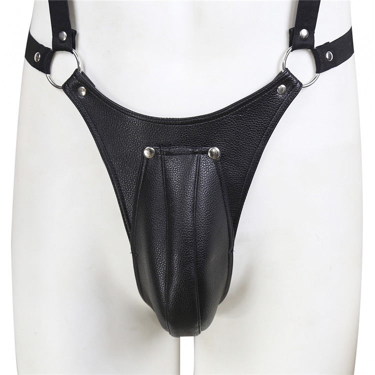Front construction detail of men’s halter harness thong