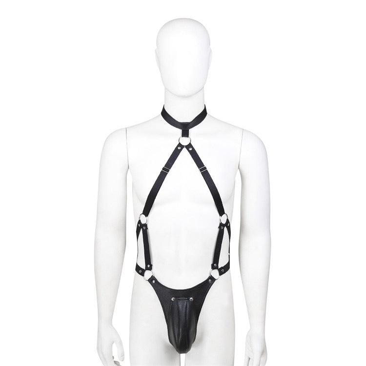 Front view of men’s halter harness thong displayed on mannequin