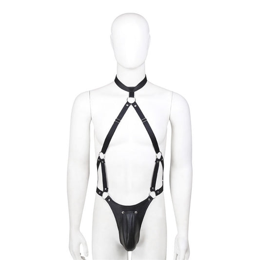 Front view of men’s halter harness thong displayed on mannequin