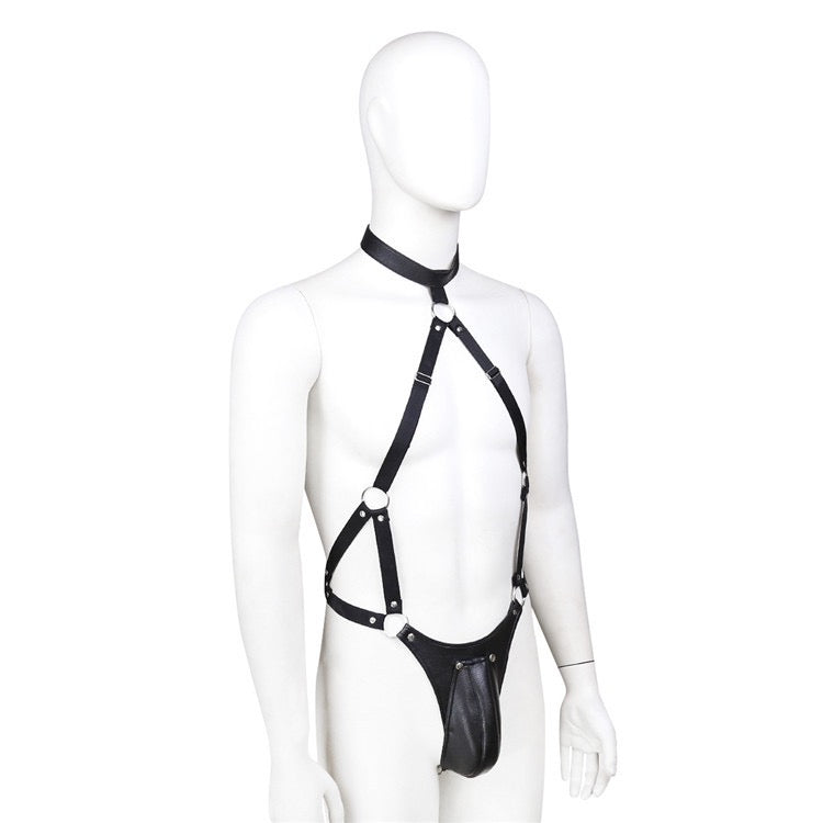Left side profile of men’s halter harness thong