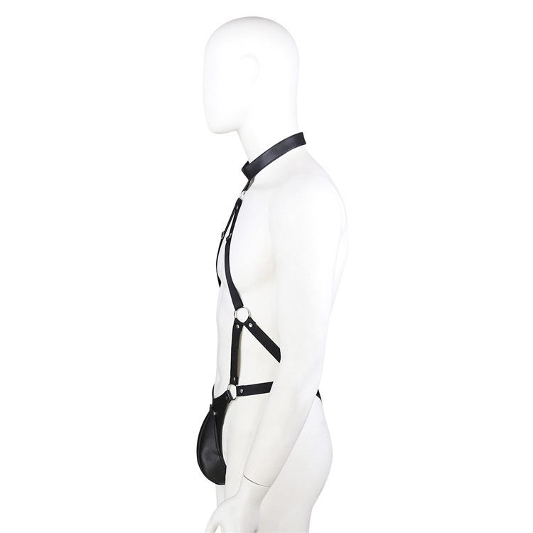 Side view of men’s halter harness thong displayed on mannequin