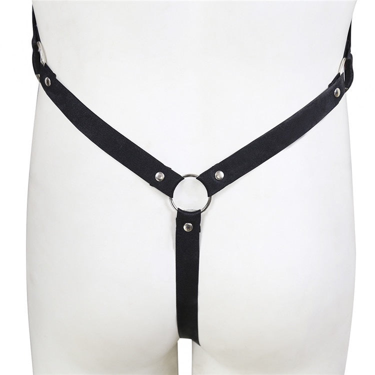 Back thong detail of men’s halter harness design
