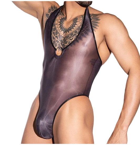 Side profile of black men’s halter neck bodysuit