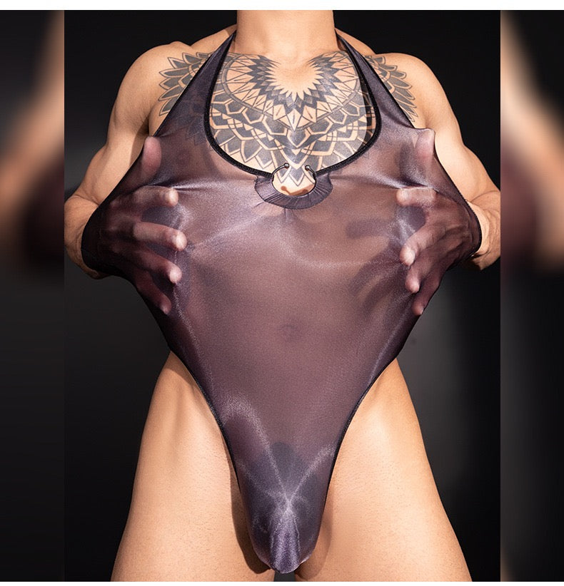 Close-up detail of lightweight stretch fabric on black men’s halter neck thong bodysuit