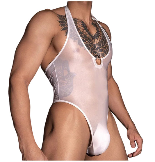 Side profile of white men’s halter neck bodysuit