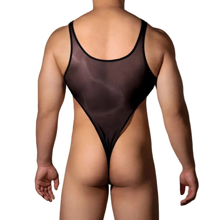 Back view of men’s glossy thong bodysuit with open back design