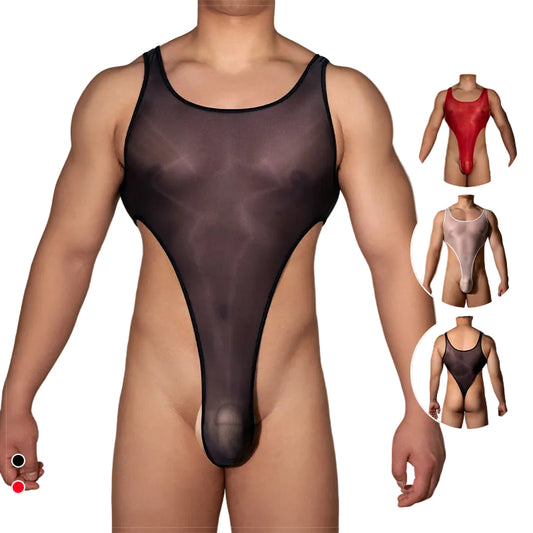 Front view of men’s high cut thong bodysuit in glossy black fabric