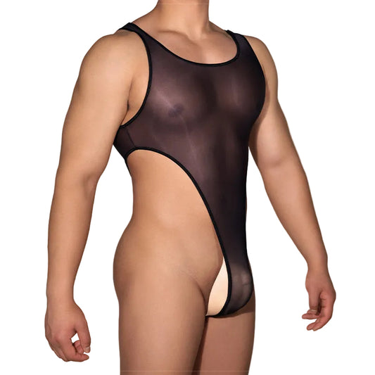 Side profile of men’s high cut thong bodysuit in black